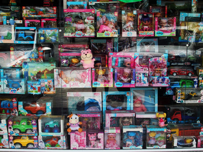 A display of various toys in a store.