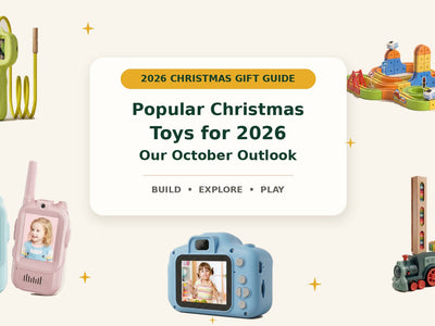Christmas toy outlook featuring Infinity Racer, a digital microscope, walkie talkies, a camera and Domino Train Builder