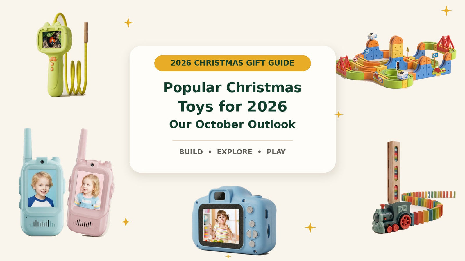 Christmas toy outlook featuring Infinity Racer, a digital microscope, walkie talkies, a camera and Domino Train Builder