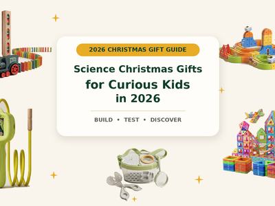 2026 science Christmas gift guide featuring Infinity Racer, a digital microscope, domino train, magnetic tiles and bug catcher kit