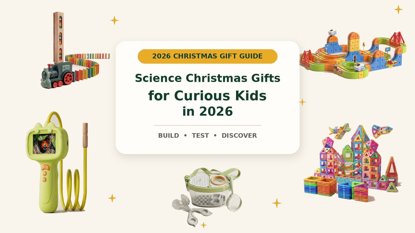 2026 science Christmas gift guide featuring Infinity Racer, a digital microscope, domino train, magnetic tiles and bug catcher kit