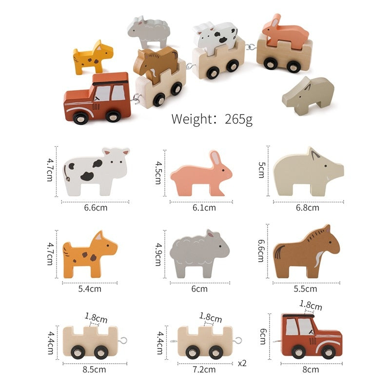 Wooden farm animal pull along train