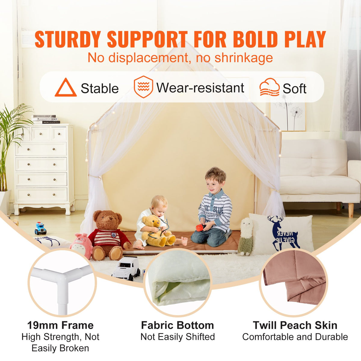Play tent fabric and stitching detail