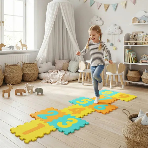 Child playing hopscotch on the foam mat