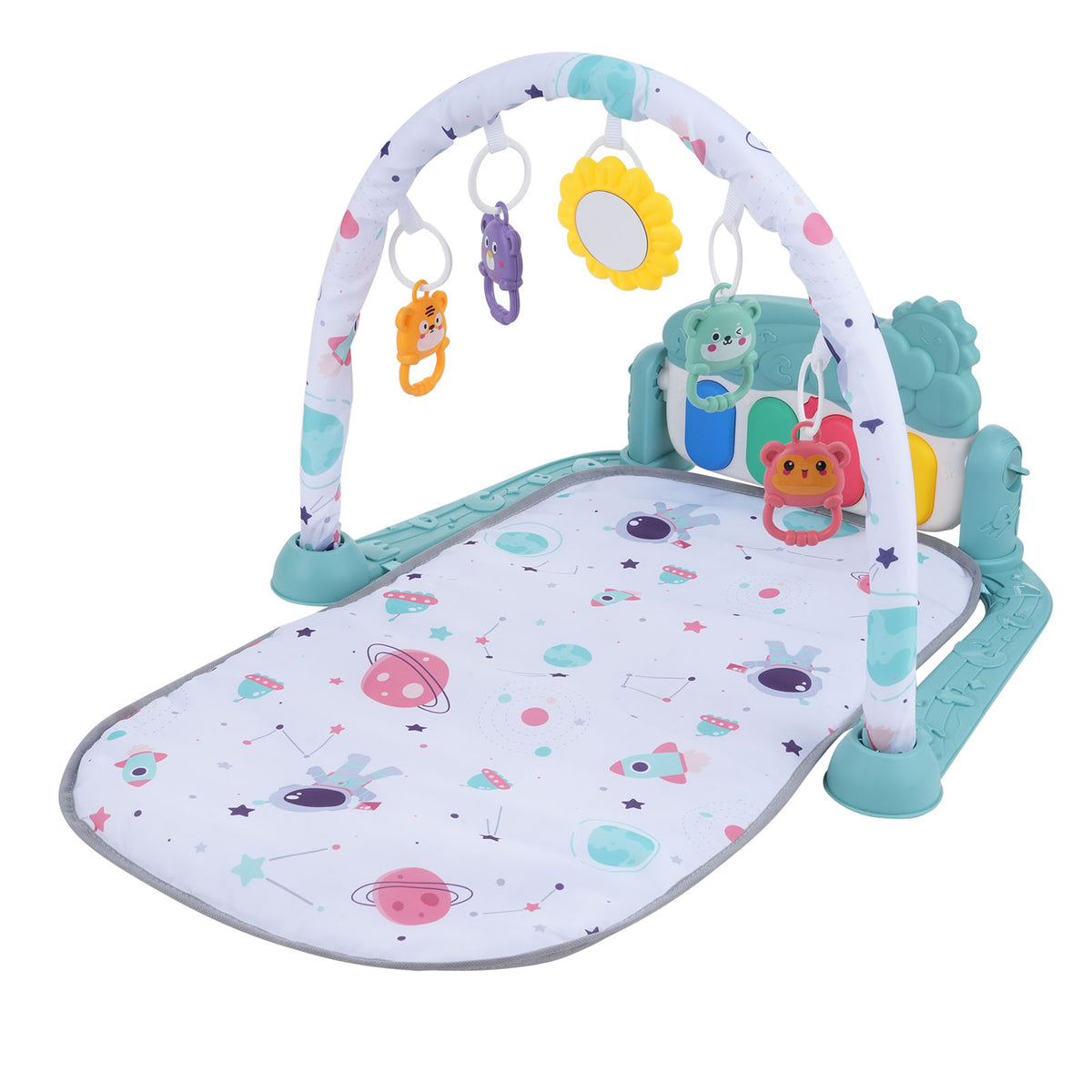Baby piano play mat with hanging toys, full set view