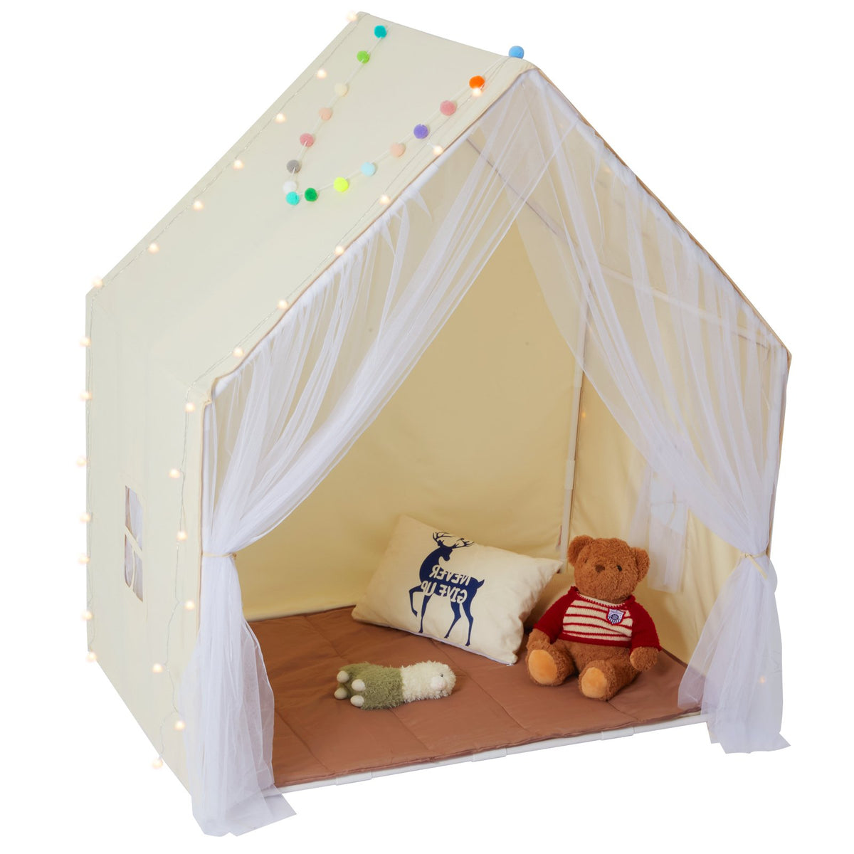 Beige toddler tent in a bedroom setting