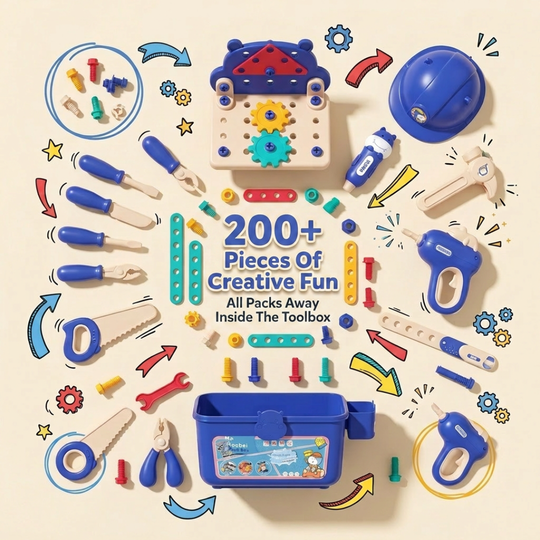 Montessori Kids Tool Box Set – DIY Building Toy Kit with 200+ Pieces