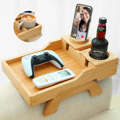 Bamboo Sofa Arm Tray | 360° Rotating Phone Holder, Multi-Function 0