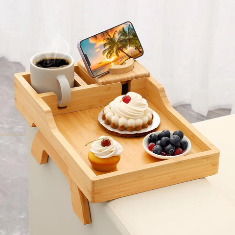 Bamboo Sofa Arm Tray | 360° Rotating Phone Holder, Multi-Function 1