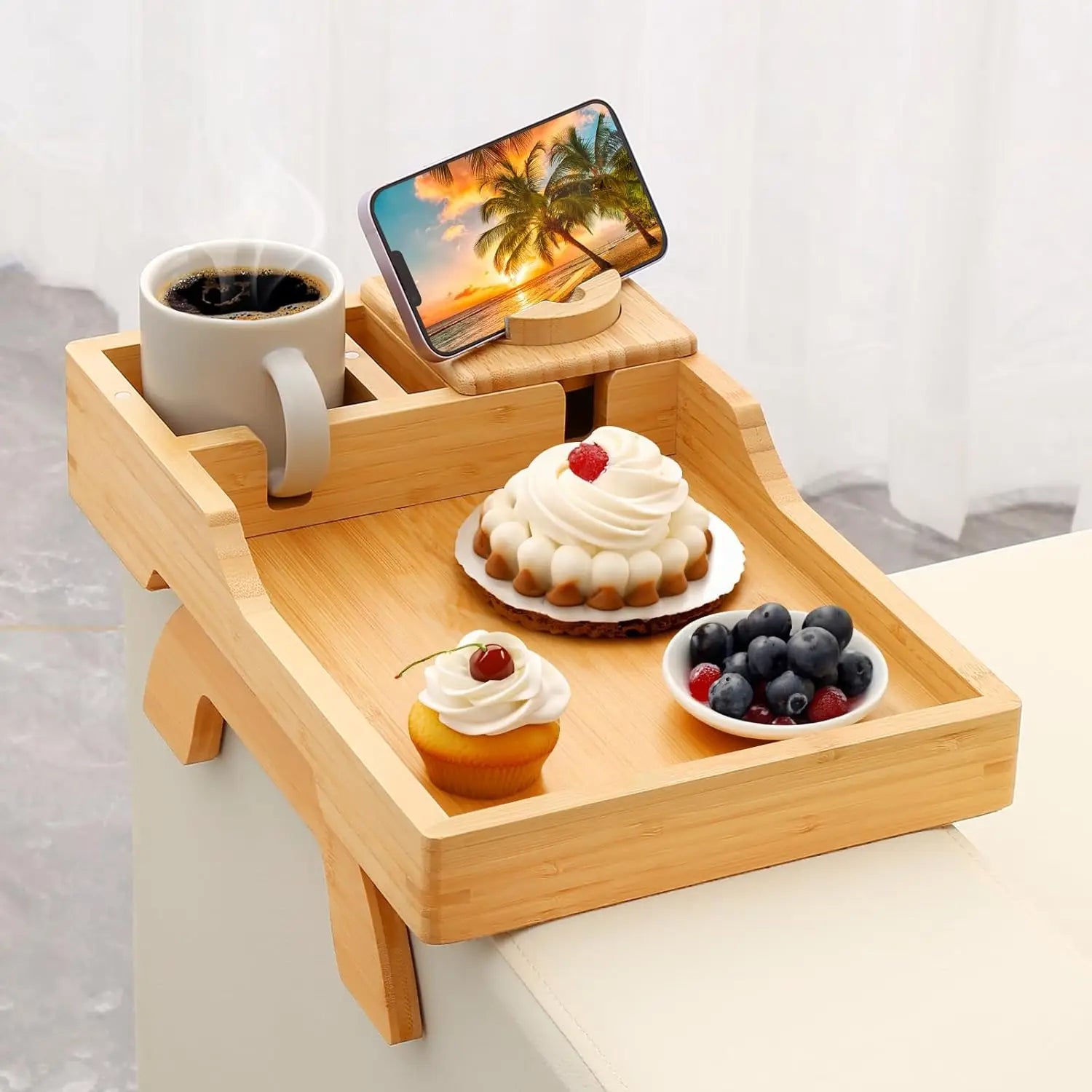 Bamboo Sofa Arm Tray | 360° Rotating Phone Holder, Multi-Function 1