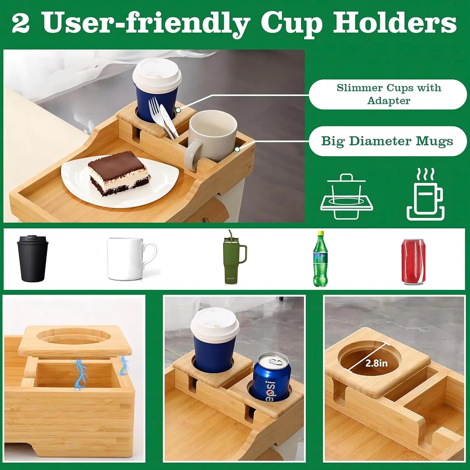Bamboo Sofa Arm Tray | 360° Rotating Phone Holder, Multi-Function 2