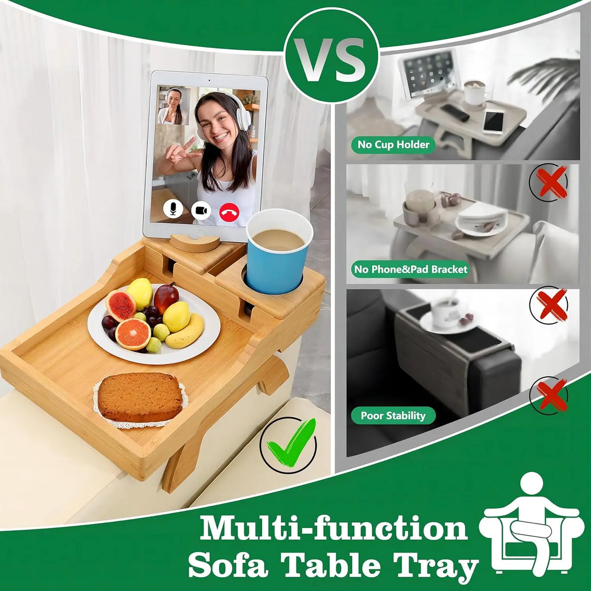Bamboo Sofa Arm Tray | 360° Rotating Phone Holder, Multi-Function 3