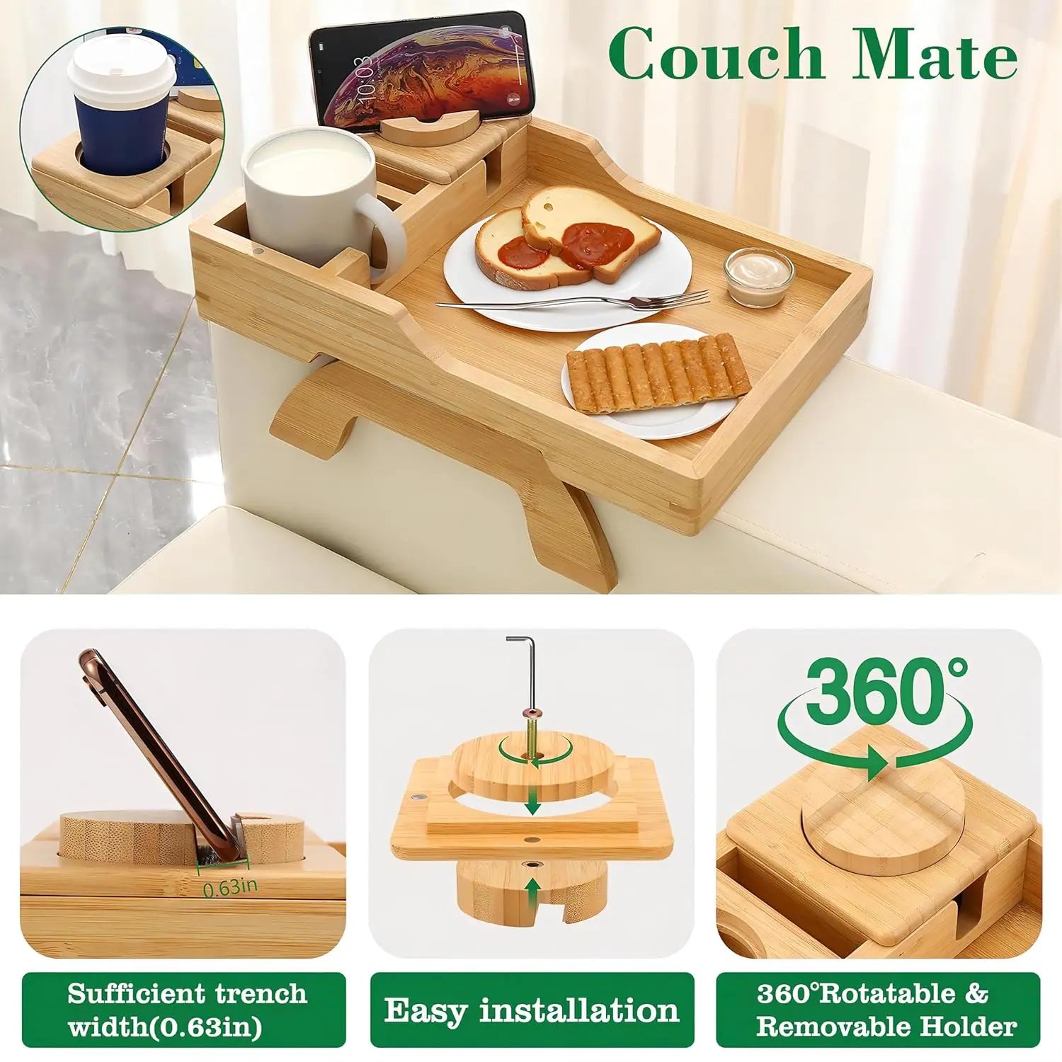 Bamboo Sofa Arm Tray | 360° Rotating Phone Holder, Multi-Function 4