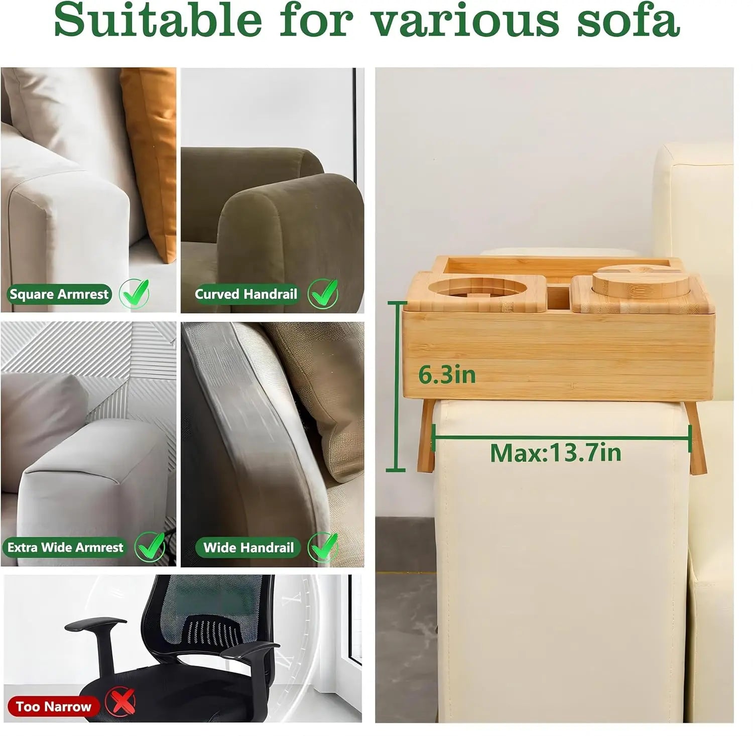 Bamboo Sofa Arm Tray | 360° Rotating Phone Holder, Multi-Function 5