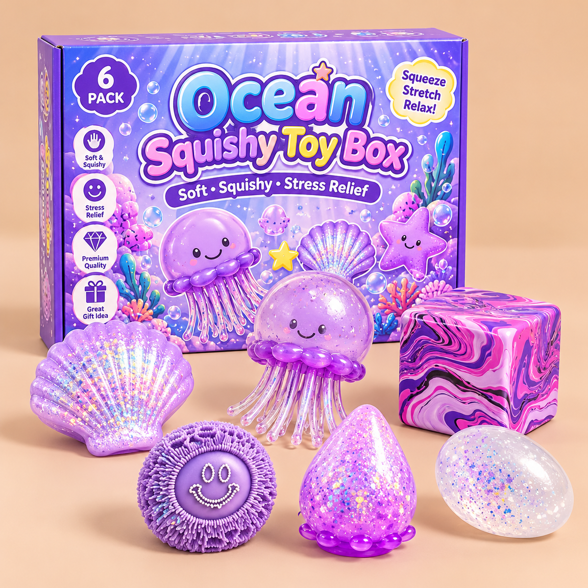 Ocean Squishy Toy Box Set – 6-Piece Sea Animal Sensory Fidget Toys