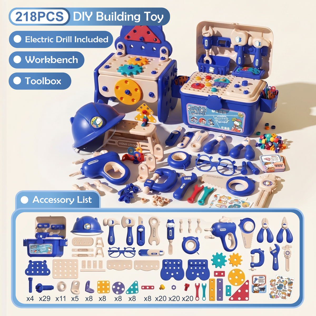 Montessori Kids Tool Box Set – DIY Building Toy Kit with 200+ Pieces