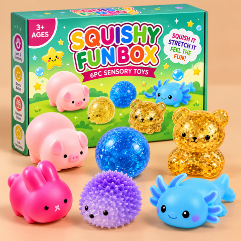 Animal Squishy Box – 6-Piece Sensory Fidget Toy Set for Kids