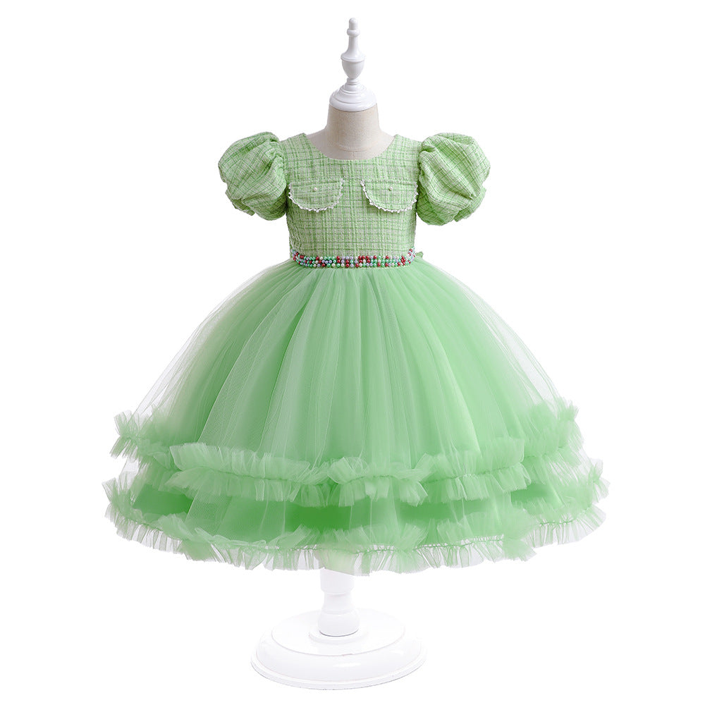 Mesh puff sleeve dress in green