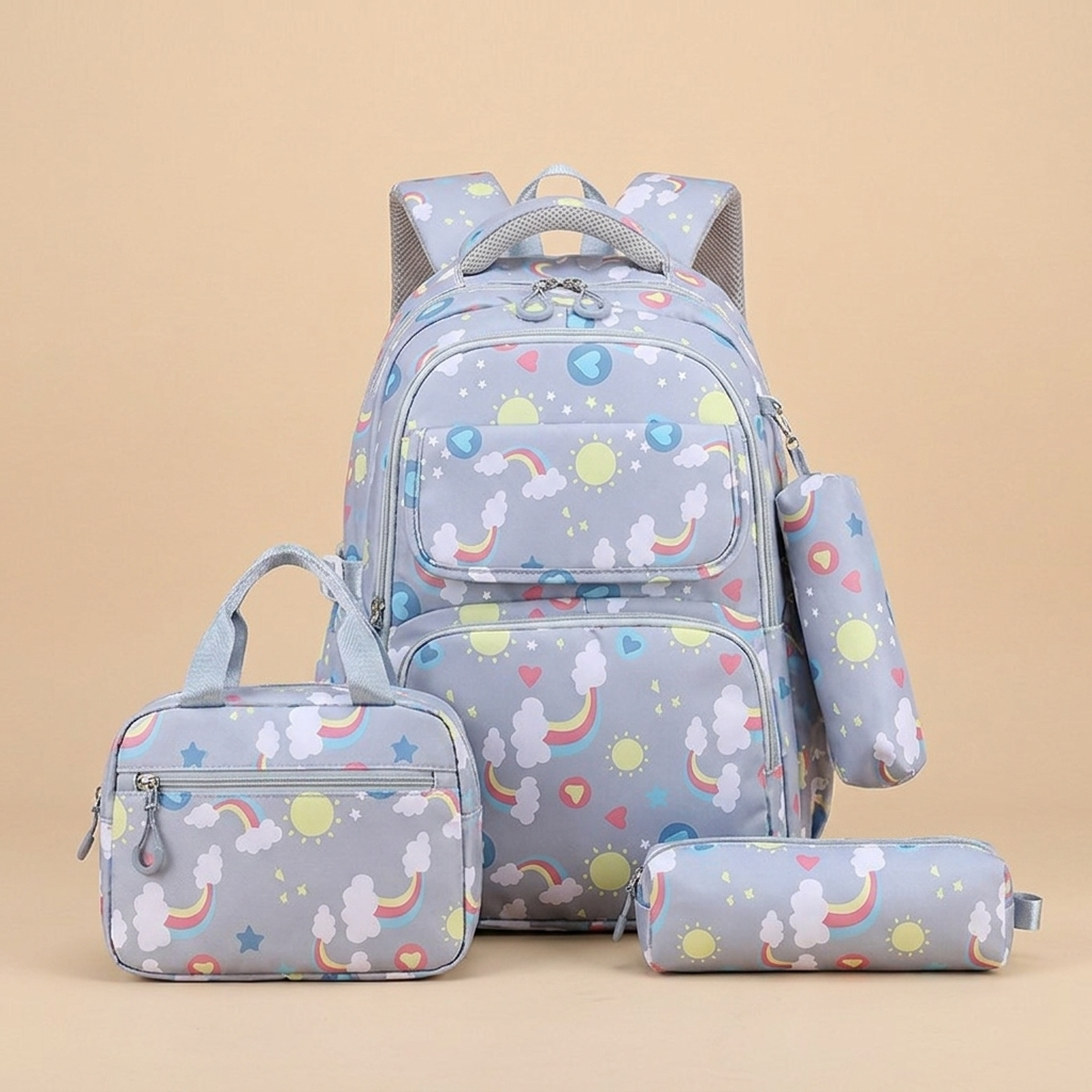 Three piece kids school backpack set with pencil case on a beige studio background