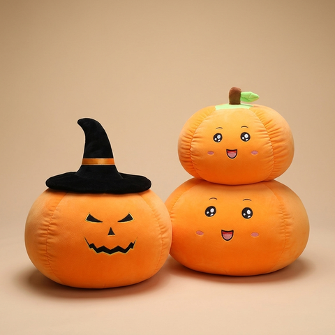 Pumpkin Pals plush dolls on a beige studio background