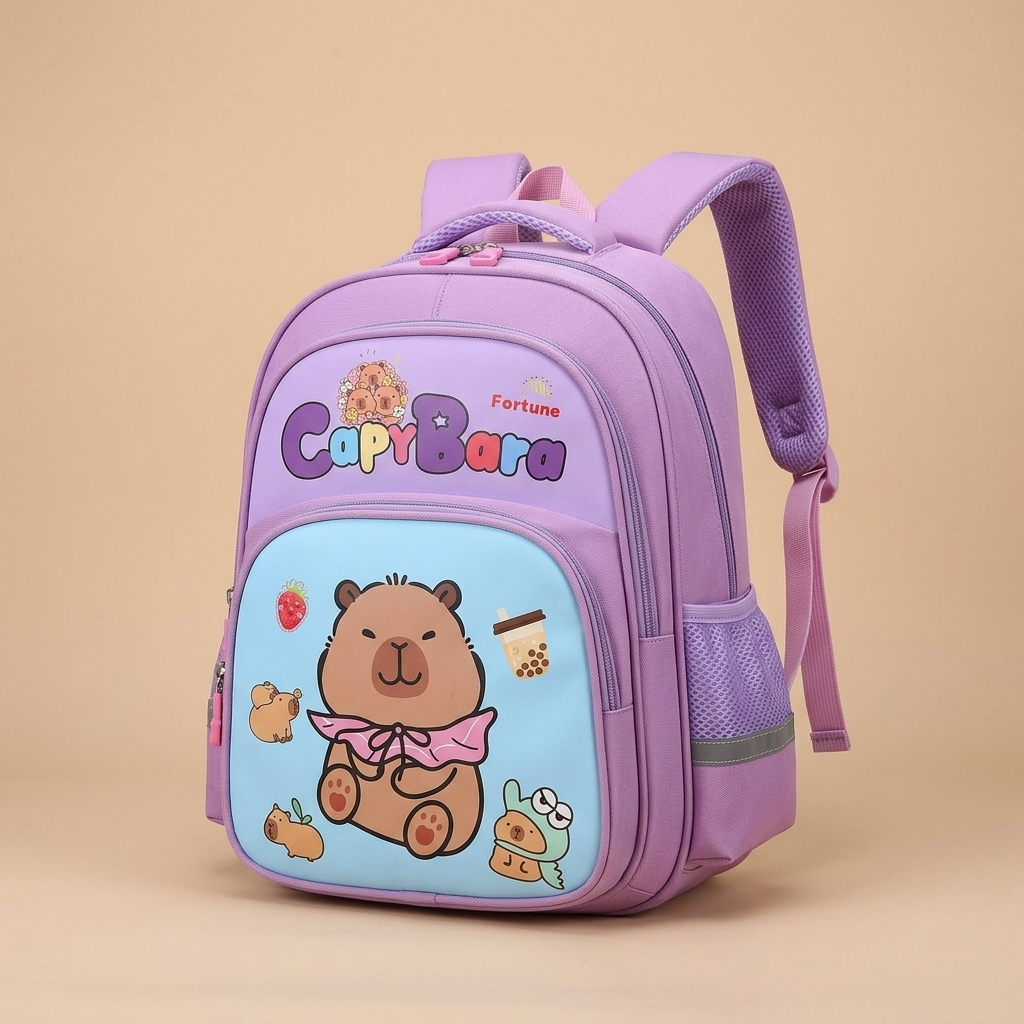 Cartoon capybara kids school backpack on a beige studio background