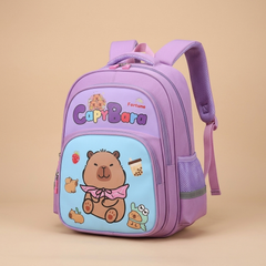 Cartoon capybara kids school backpack on a beige studio background