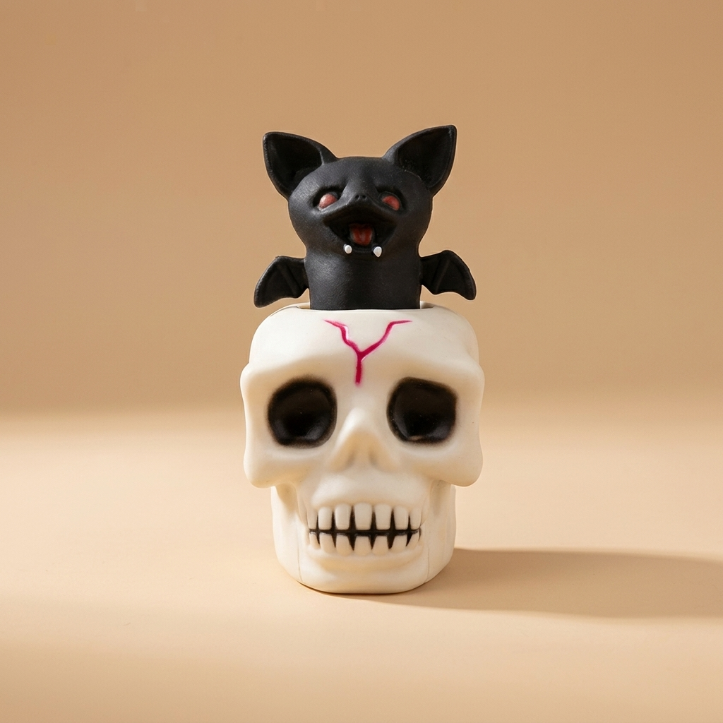 Halloween skull squeeze cup sensory fidget toy on a beige studio background