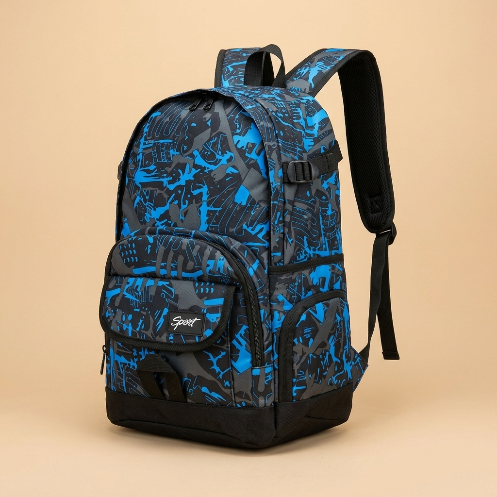 Large capacity nylon school backpack for teens on a beige studio background
