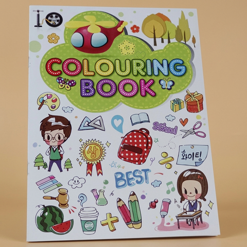 Cartoon English handwriting practice and coloring book on a beige studio background