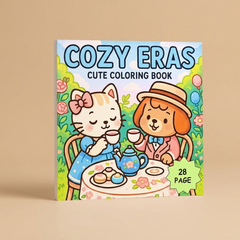 Cozy Eras cute coloring book on a beige studio background