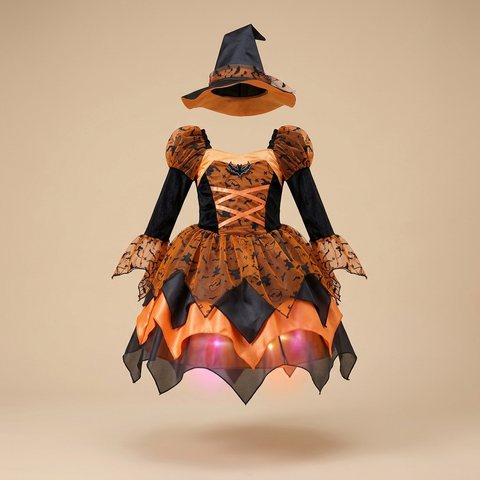 Kids witch costume dress on a beige studio background