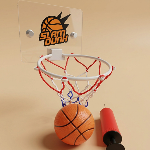 Mini indoor basketball hoop on a beige studio background
