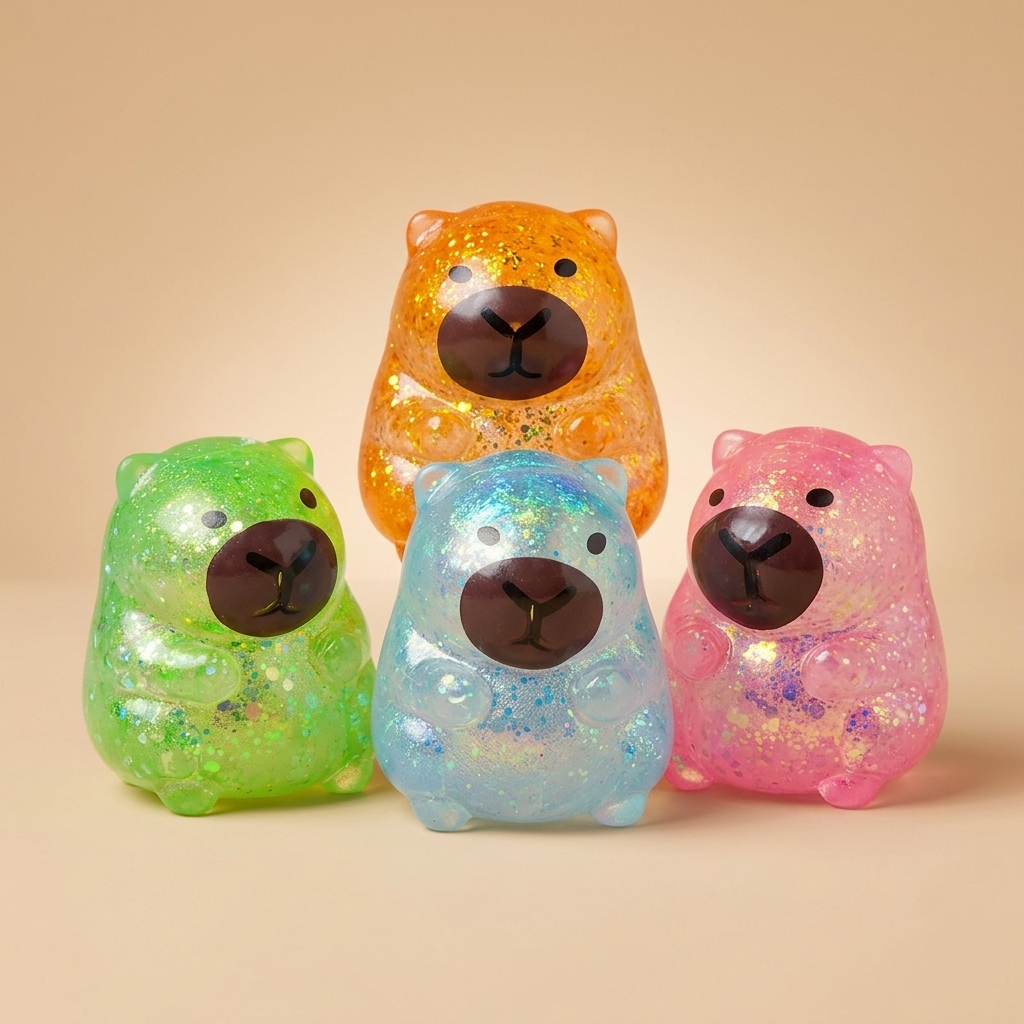 Capybara squishy toys on a beige studio background