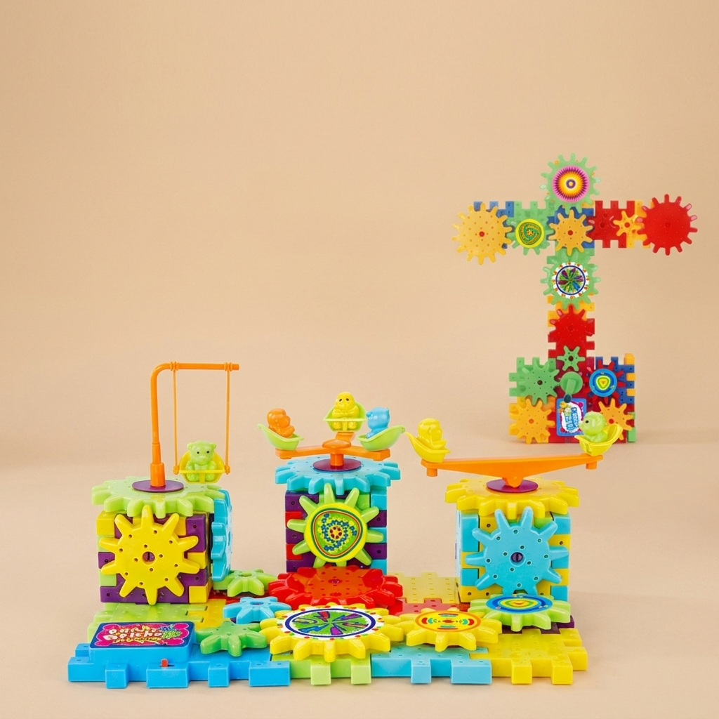 Electric gears STEM building set on a beige studio background