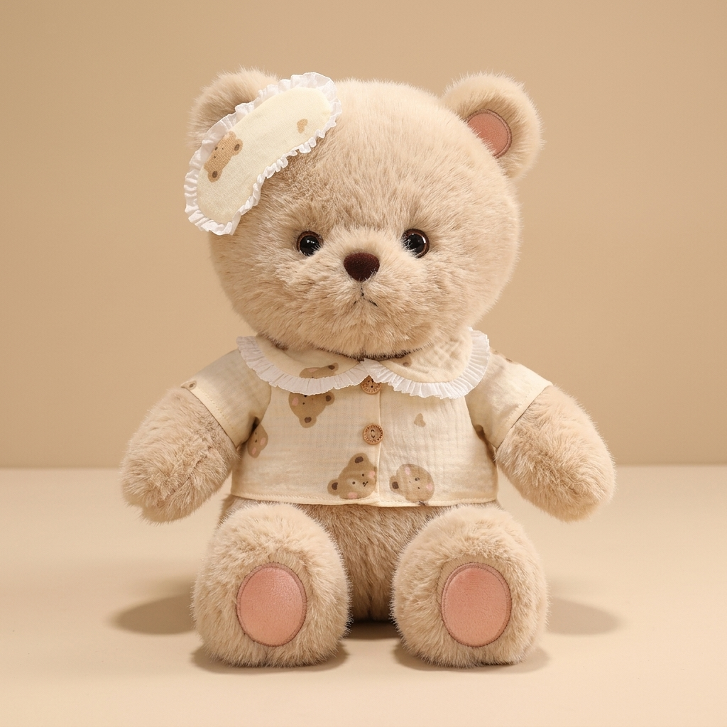 Good night bear plush on a beige studio background