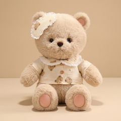 Good night bear plush on a beige studio background