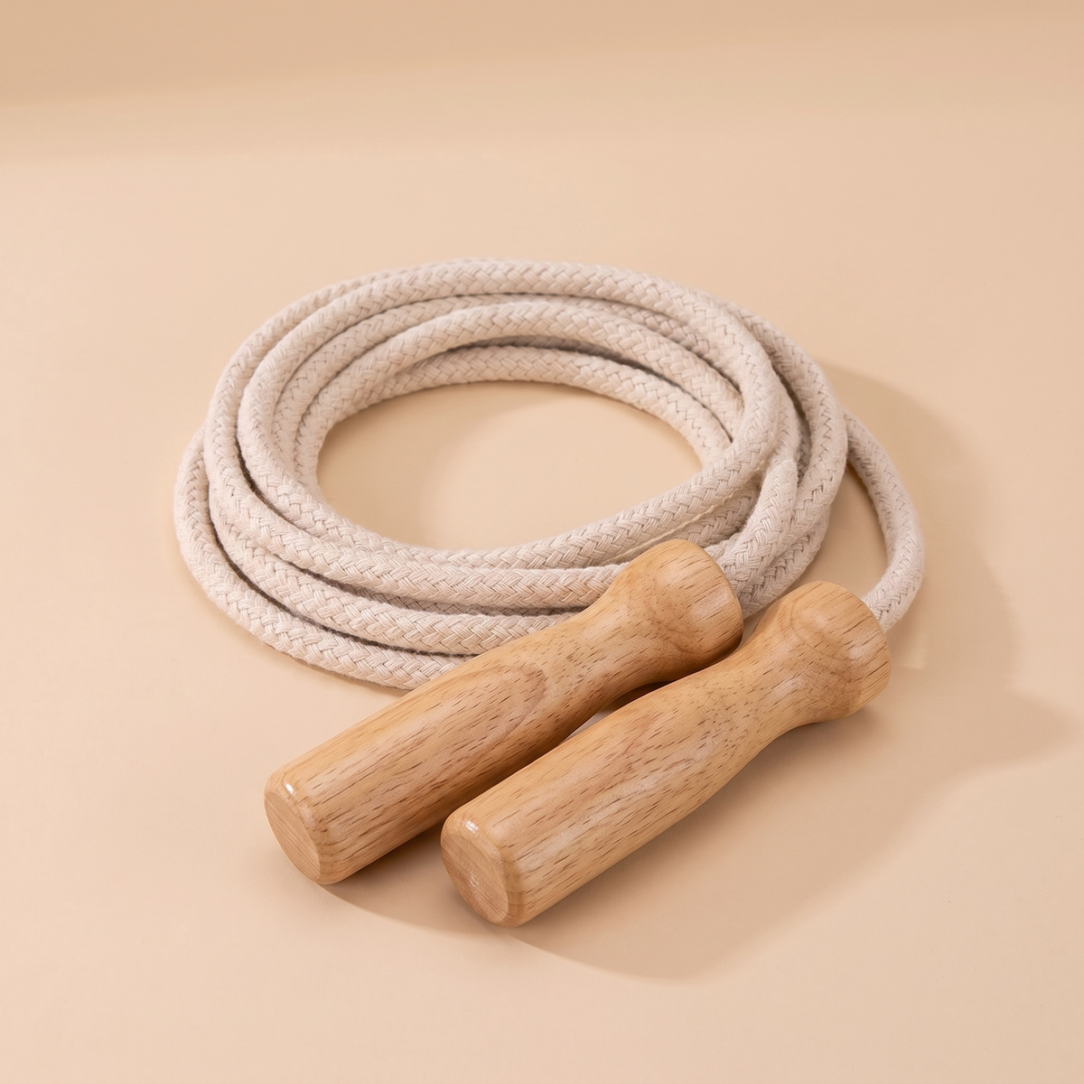 Children's skipping rope with turned wooden handles and braided cotton rope