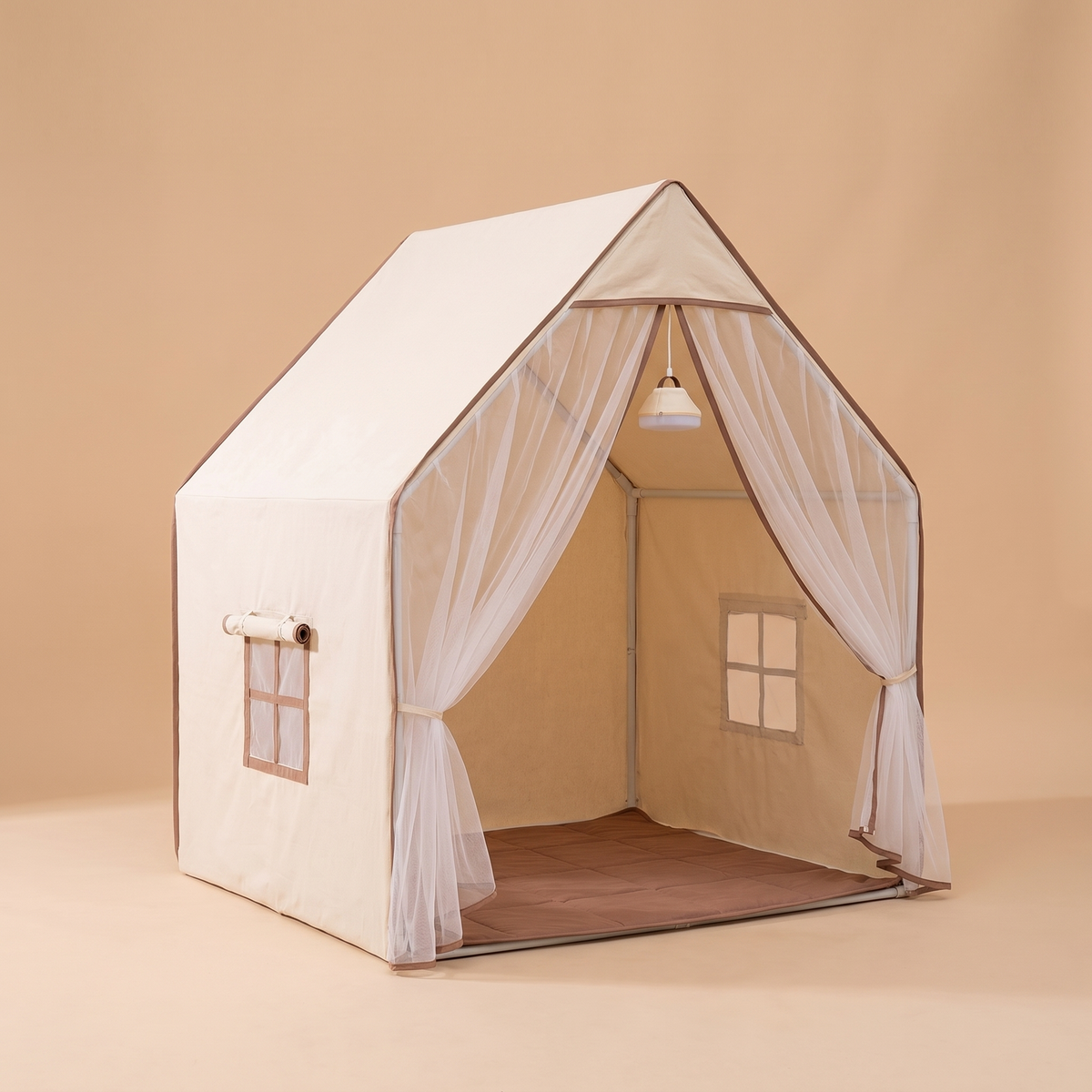 Beige canvas kids yurt play tent with windows, floor mat and hanging lamp