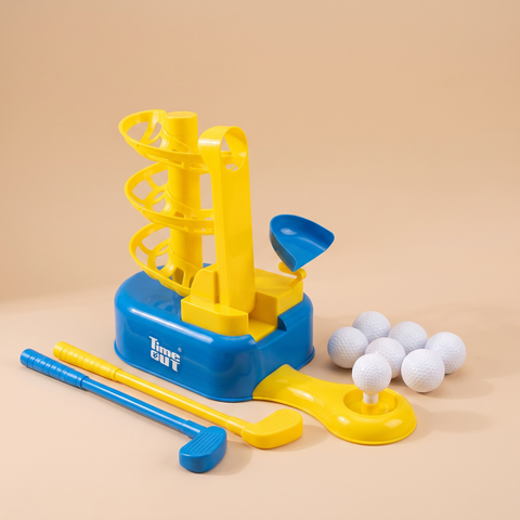 Indoor kids golf tee set with ball return, two clubs and plastic balls