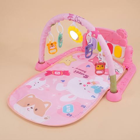 Baby piano play mat and activity gym with hanging toys and sunflower mirror