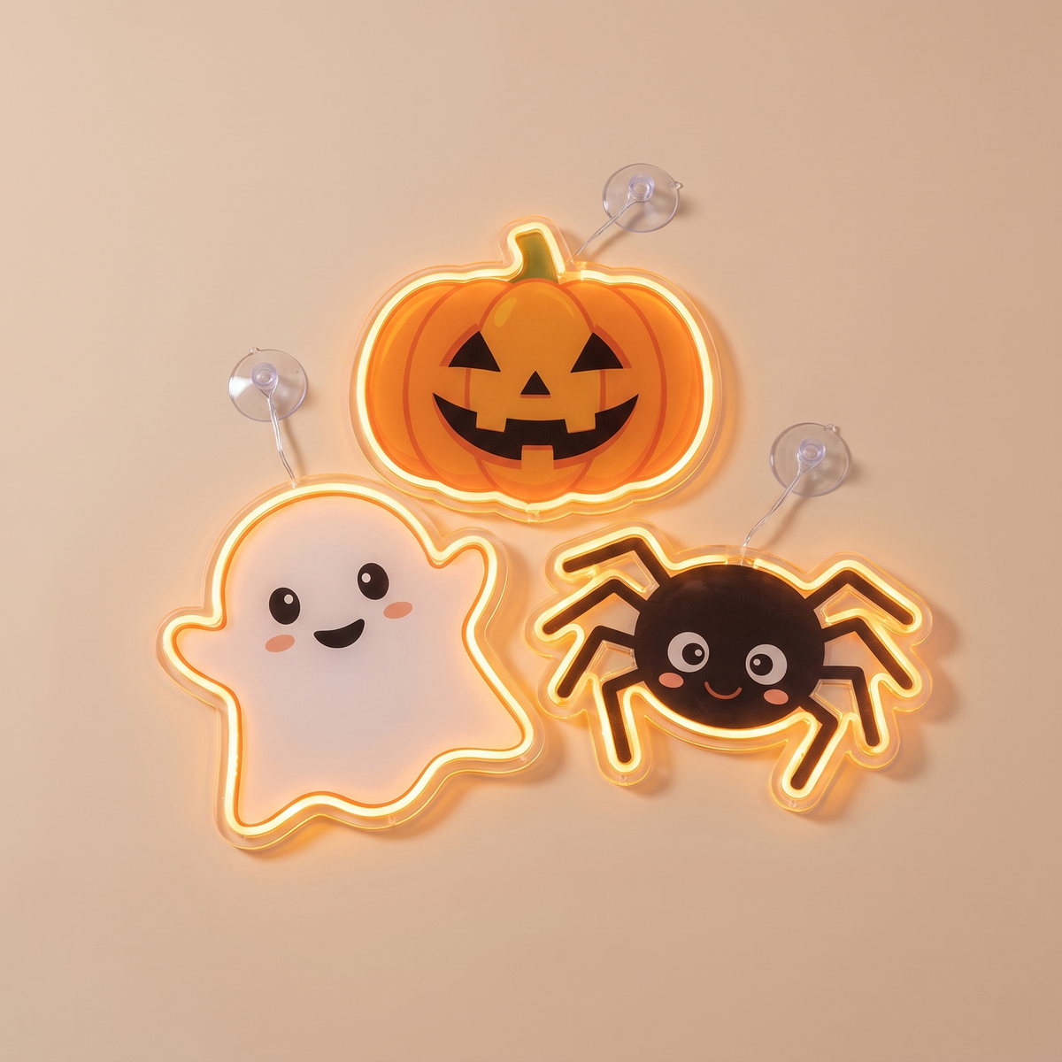 Halloween suction cup window lights shaped as pumpkin, ghost and spider