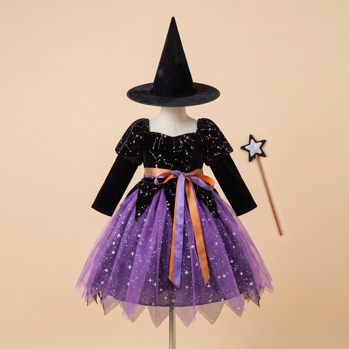 Kids witch costume set with dress, pointed hat and magic wand