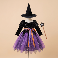 Kids witch costume set with dress, pointed hat and magic wand