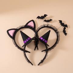 Halloween dress-up headbands with witch hat, cat ears and bats