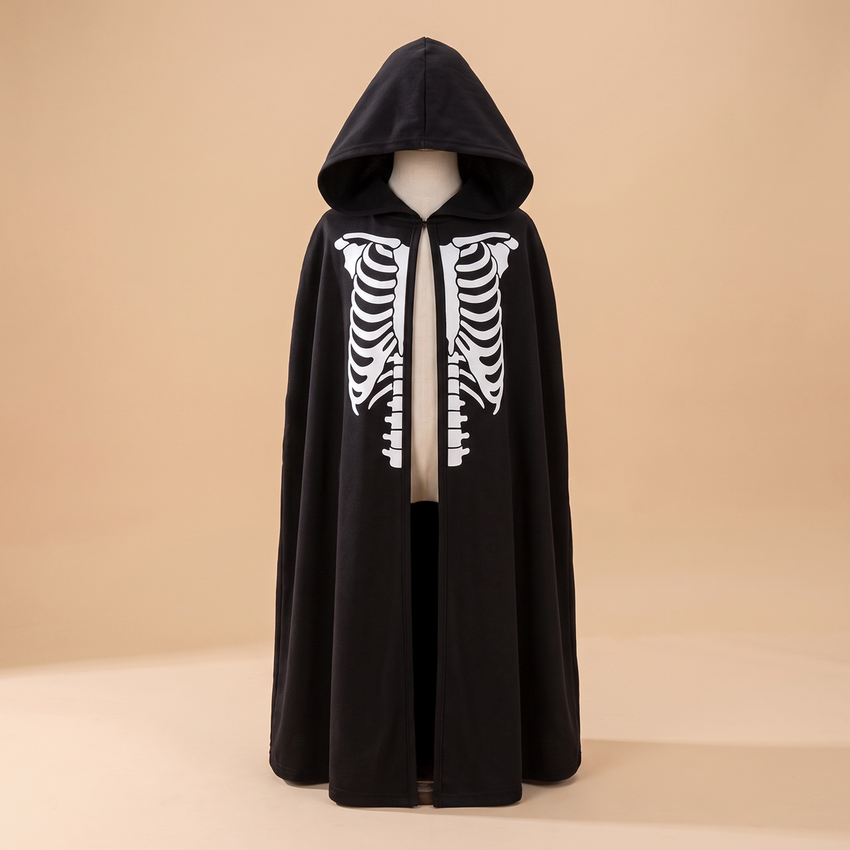 Kids black hooded cape cloak with skull print for Halloween dress-up