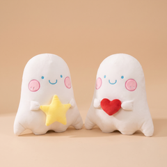 Soft white ghost plush dolls holding a star and a heart