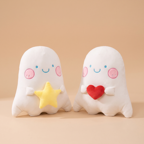 Soft white ghost plush dolls holding a star and a heart