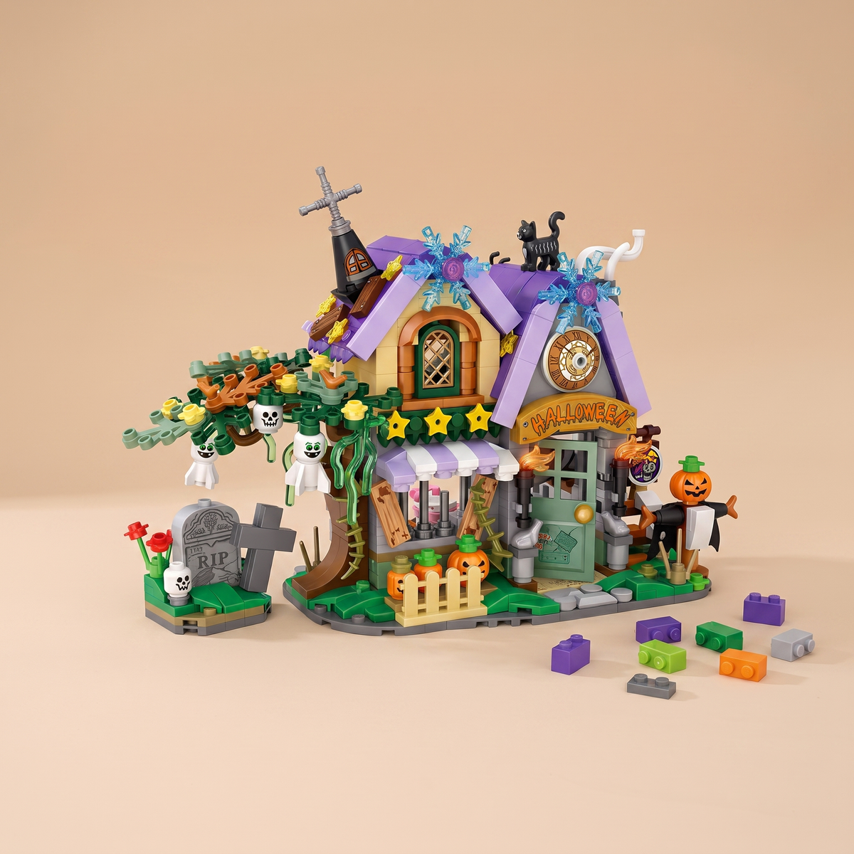 Halloween micro brick haunted house model built from tiny bricks