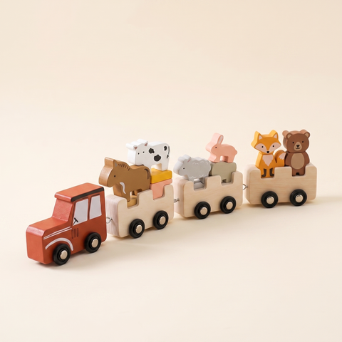 Wooden farm animal train studio hero image