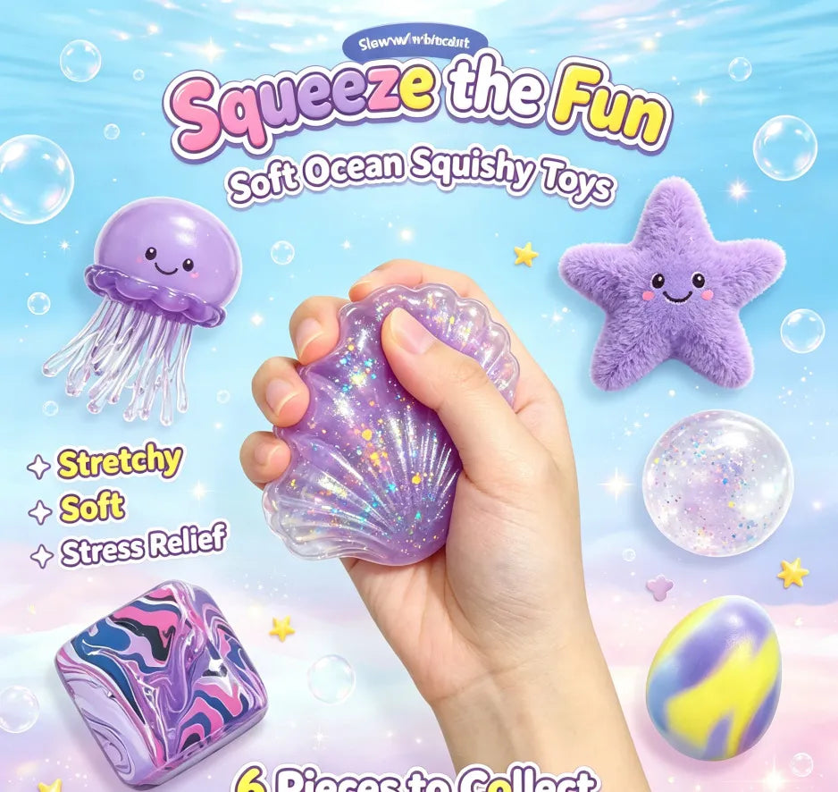 Ocean Squishy Toy Box Set – 6-Piece Sea Animal Sensory Fidget Toys